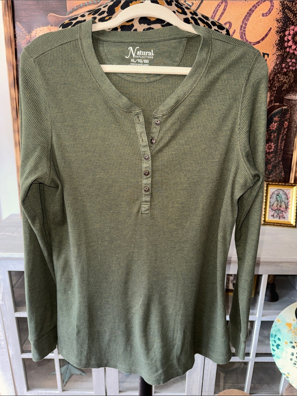 Natural Reflections Olive Ribbed Henley Long-Sleeve Top Sz XL